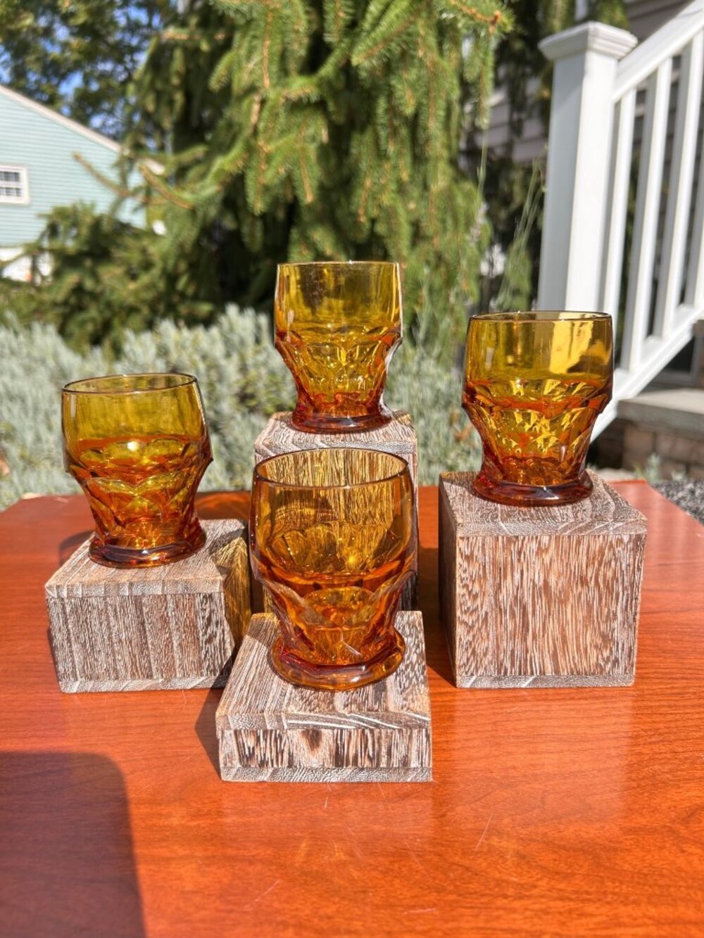 Vintage Anchor Hocking Amber Georgian Honeycomb Mid Century Scotch Glasses.